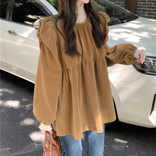 KUMI-Long-Sleeve Round Neck Plain Ruched Blouse