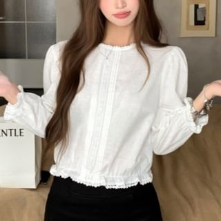 KUMI-Long Sleeve Round Neck Plain Ruffle Pintuck Blouse