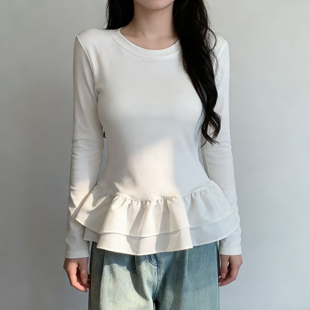KUMI-Long Sleeve Round Neck Plain Ruffle T-Shirt