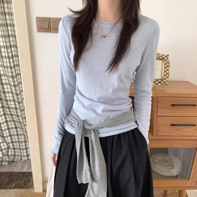 KUMI-Long Sleeve Round Neck Plain T-Shirt