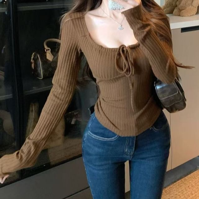 KUMI-Long-Sleeve Scoop Neck Ribbed Plain Top