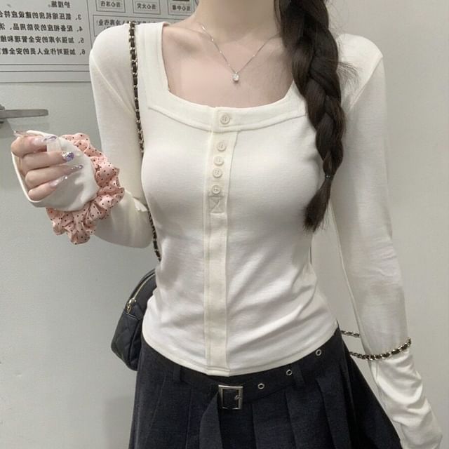 KUMI-Long-Sleeve Square Neck Button-Up Plain Top