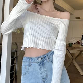 KUMI-Long-Sleeve Square Neck Plain Ribbed Knit Top