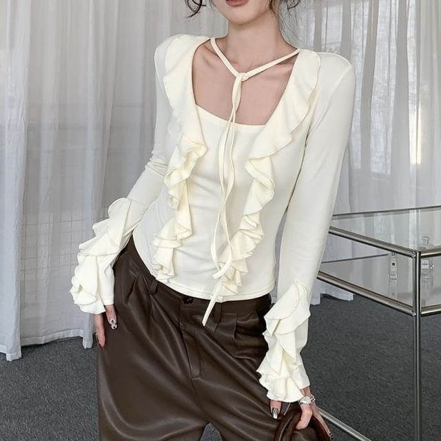 KUMI-Long-Sleeve Square-Neck Plain Ruffle Drawstring T-Shirt