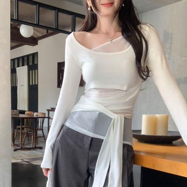 KUMI-Long-Sleeve Square Neck Two Tone Top