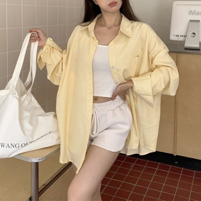 KUMI-Long-Sleeve Striped Button-Up Shirt