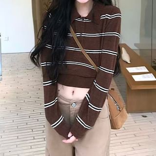 KUMI-Long-Sleeve Striped Crop Sweater