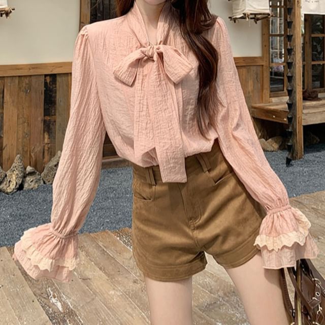 KUMI-Long-Sleeve Tie-Neck Plain Blouse