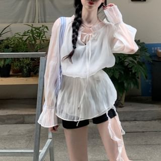 KUMI-Long Sleeve Tie Neck Plain Frill Blouse