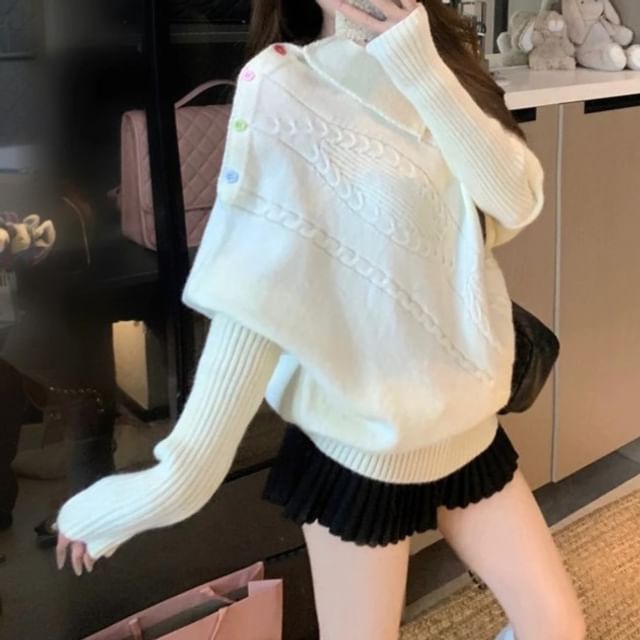KUMI-Long-Sleeve Turtleneck Asymmetrical Plain Sweater