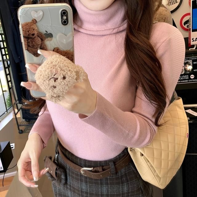 KUMI-Long Sleeve Turtleneck Plain Ribbed Knit Top