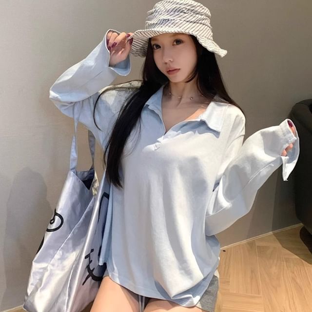 KUMI-Long-Sleeve V-Neck Collared Plain Tee