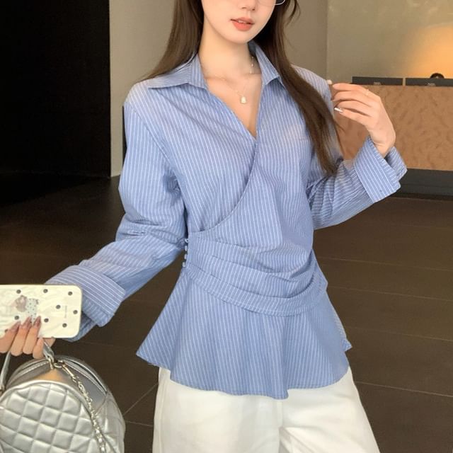 KUMI-Long-Sleeve V-Neck Collared Striped Ruched Wrap Blouse