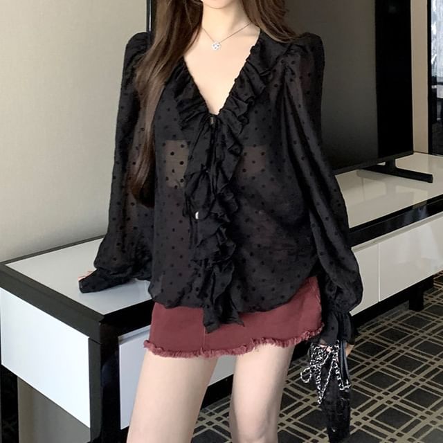 KUMI-Long-Sleeve V-Neck Dotted Ruffle Blouse