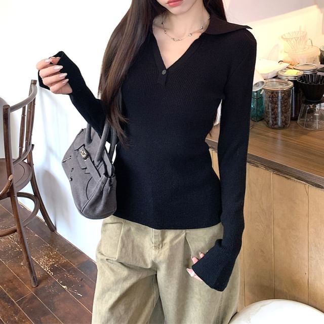 KUMI-Long-Sleeve V-Neck Plain Knit Polo Top