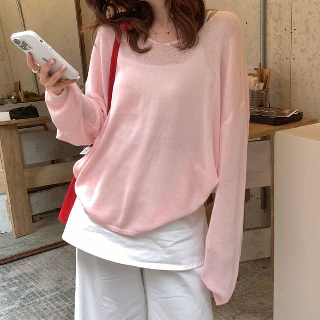 KUMI-Long-Sleeve V-Neck Plain Knit Top