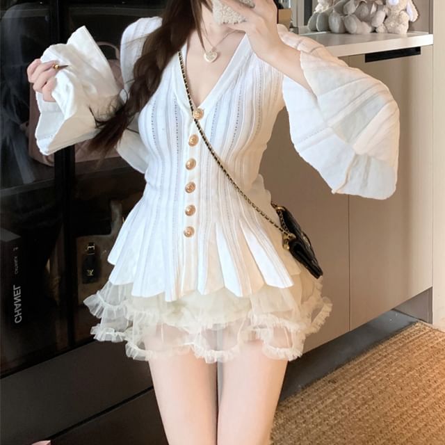 KUMI-Long-Sleeve V-Neck Plain Peplum Button Knit Top