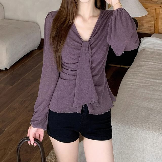 KUMI-Long Sleeve V-Neck Plain Ruched Top