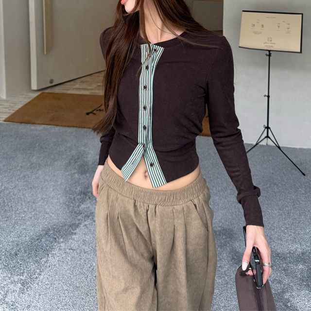 KUMI-Long Sleeve V-Neck Striped Panel Button Top