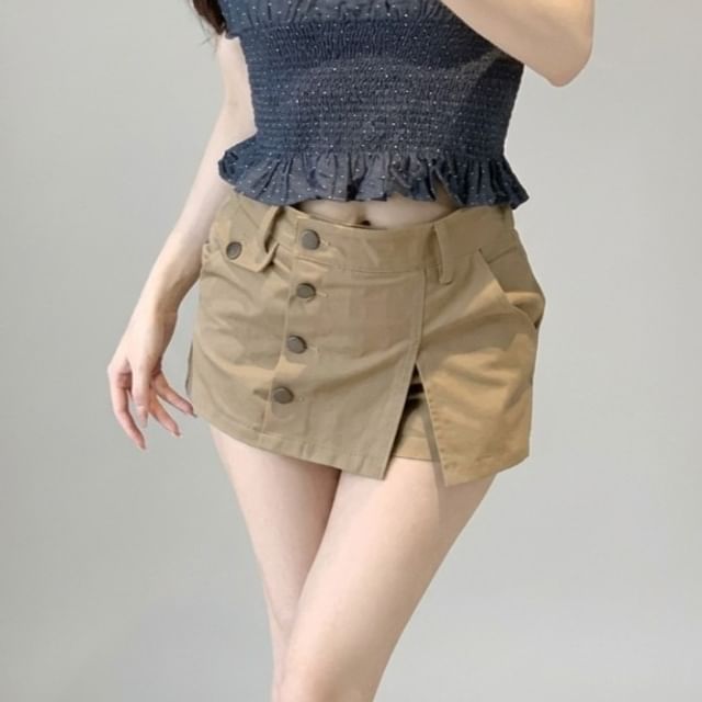 KUMI-Low Rise Button-Up Plain Mini A-Line Cargo Skort