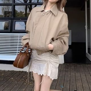 KUMI-Low Rise Plain Mini Skirt Collared Zip-Up Jacket