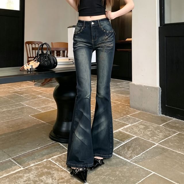KUMI-Low Rise Rhinestone Studded Washed Flared Jeans