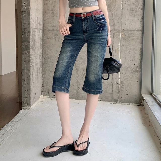 KUMI-Low Rise Washed Capri Bootcut Jeans