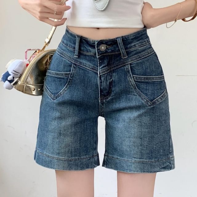 KUMI-Low Rise Washed Denim Shorts