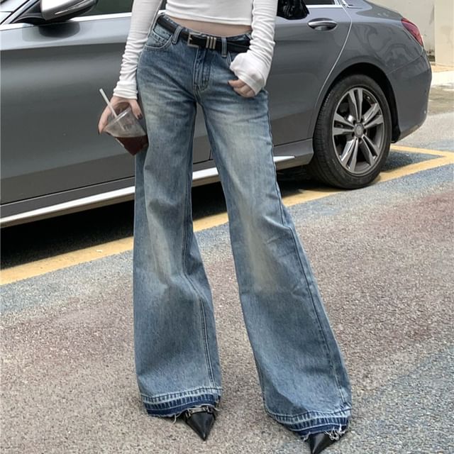 KUMI-Low Rise Washed Fray Flared Jeans