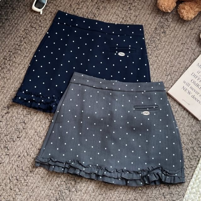 KUMI-Mid Rise Dotted Ruffle Mini A-Line Skirt