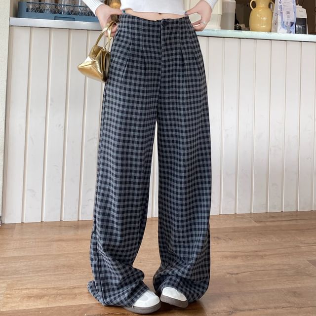 KUMI-Mid Rise Gingham Wide Leg Pants