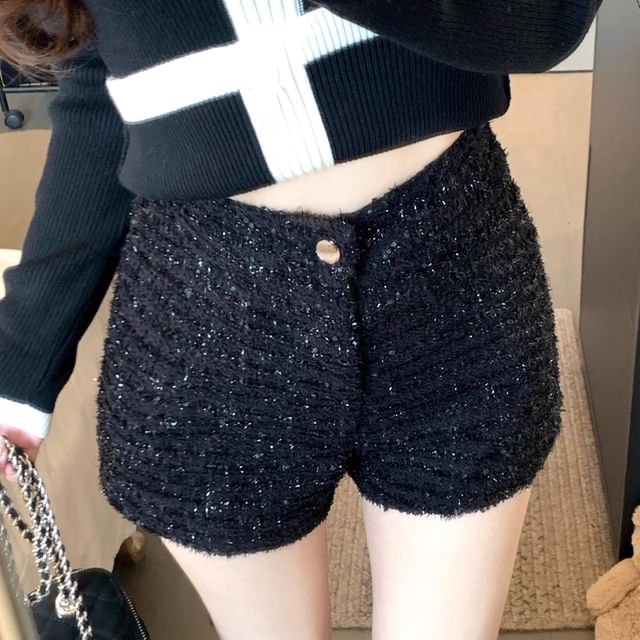 KUMI-Mid Rise Glitter Tweed Shorts