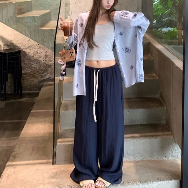 KUMI-Mid Rise Plain Baggy Pants