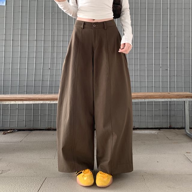KUMI-Mid Rise Plain Baggy Pants