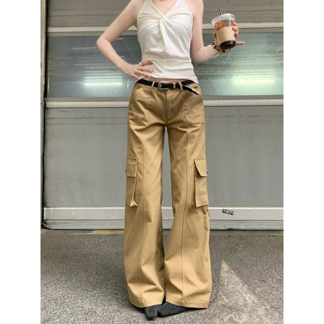 KUMI-Mid Rise Plain Wide Leg Cargo Pants