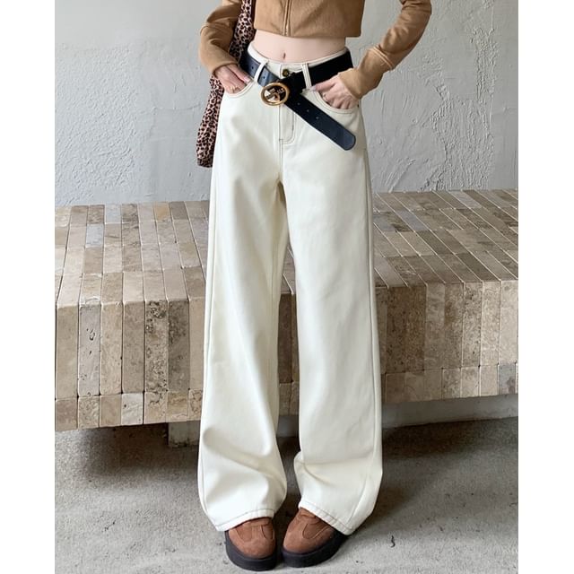 KUMI-Mid Rise Plain Wide Leg Jeans