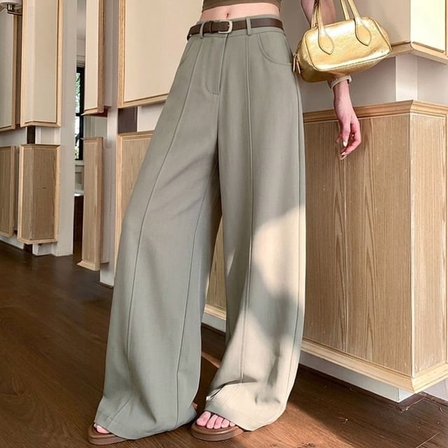 KUMI-Mid Rise Plain Wide Leg Pants