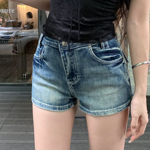 KUMI-Mid Rise Washed Denim Shorts