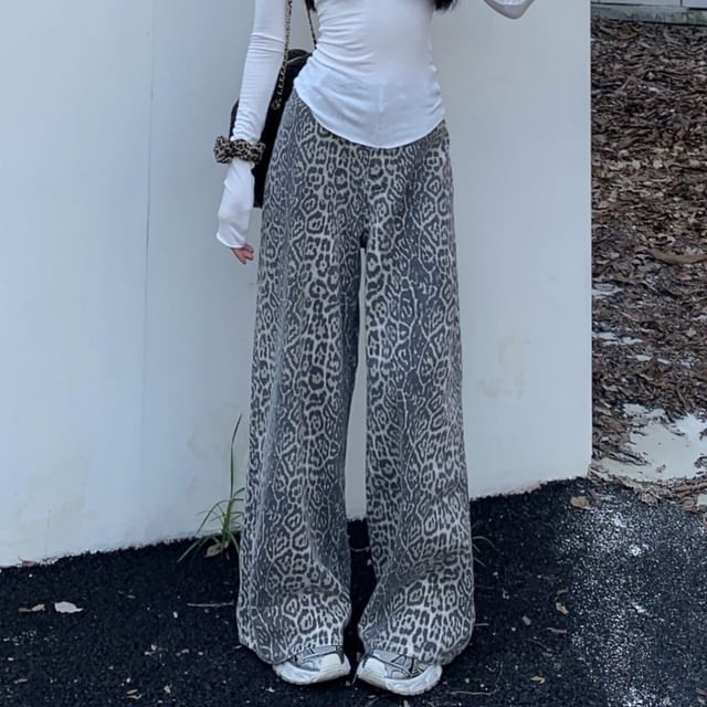 KUMI-Mid Waist Leopard Print Wide Leg Pants