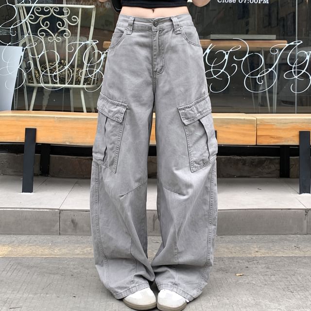 KUMI-Mid Waist Plain Baggy Cargo Pants