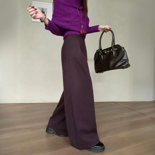 KUMI-Mid Waist Plain Baggy Suit Pants