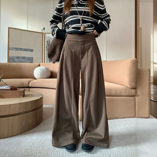 KUMI-Mid Waist Plain Wide Leg Pants