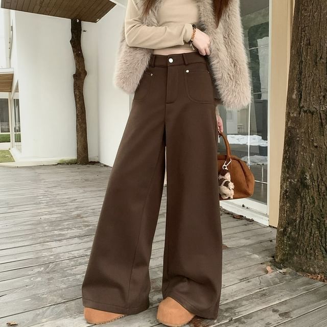 KUMI-Mid Waist Plain Wide Leg Pants