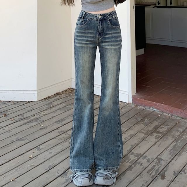 KUMI-Mid Waist Washed Bootcut Jeans