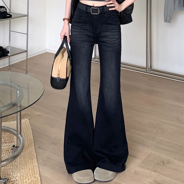 KUMI-Mid Waist Washed Flared Jeans