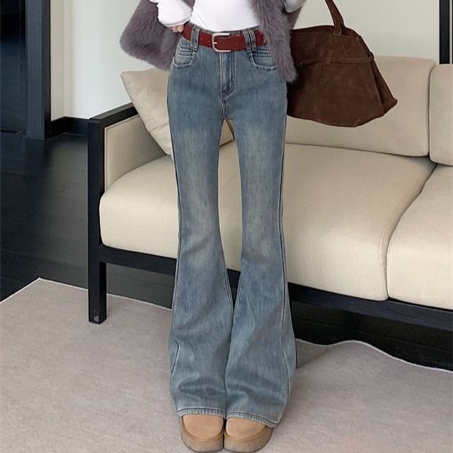 KUMI-Mid Waist Washed Flared Jeans