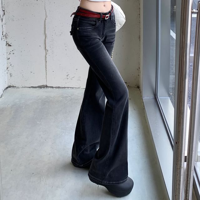 KUMI-Mid Waist Washed Flared Jeans