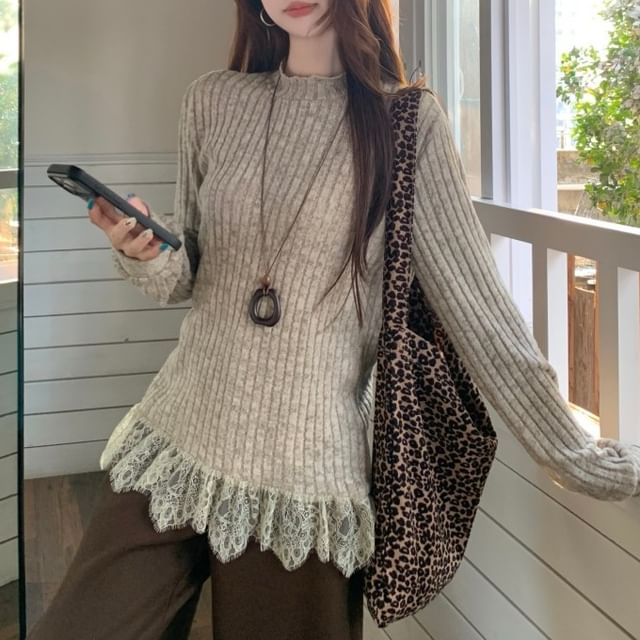 KUMI-Mock Neck Plain Ribbed Knit Sweater