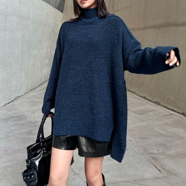KUMI-Mock Neck Plain Slit Sweater