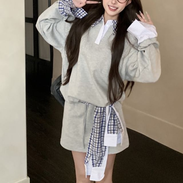 KUMI-Mock Two-Piece Collar Plaid Panel Sweatshirt Drawstring Waist Mini A-Line Skirt Sash Set